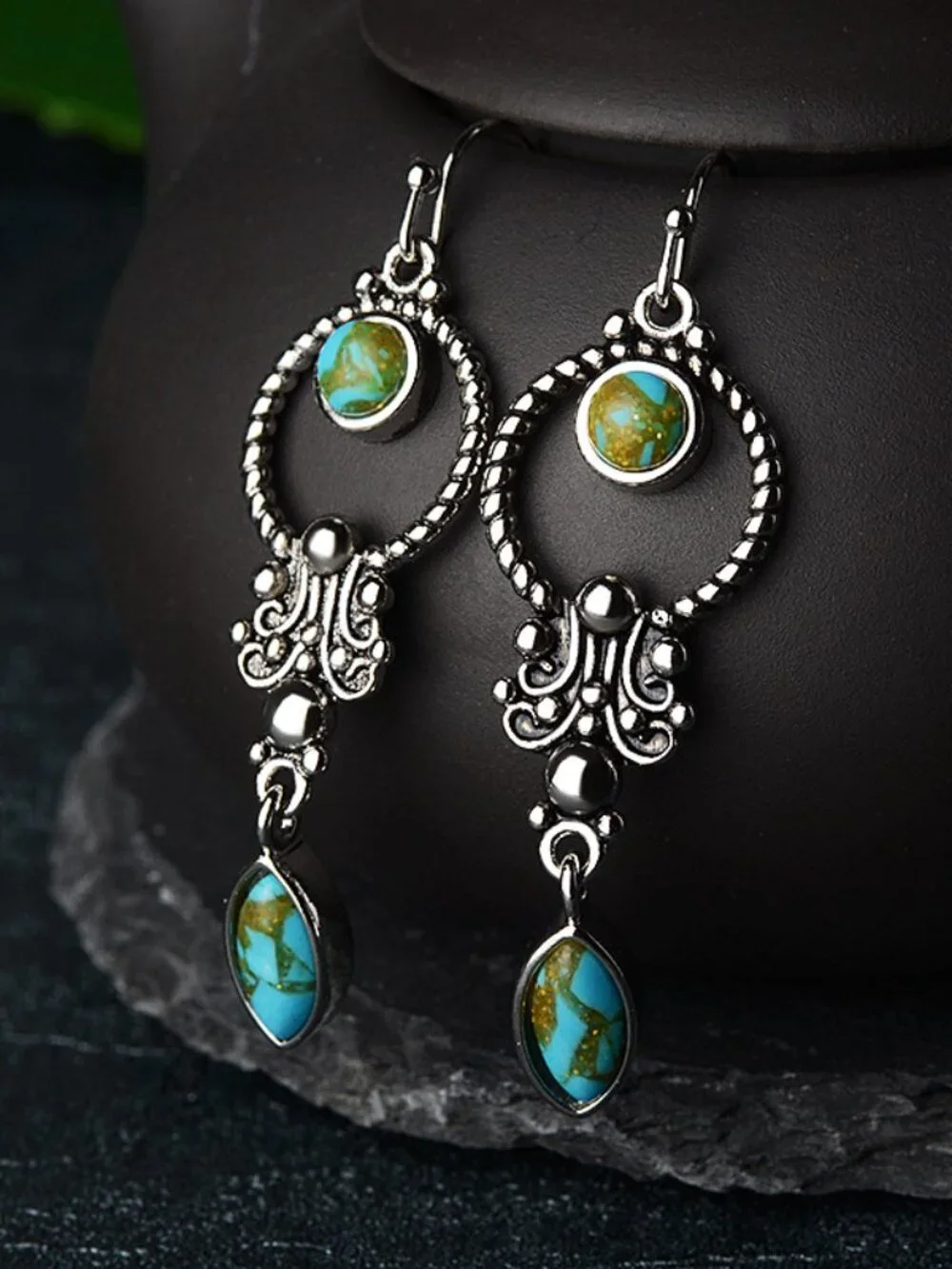 Silver Tone Vintage Open Circle Turquoise Inlay Dangle Hook Earrings Boho Tribal